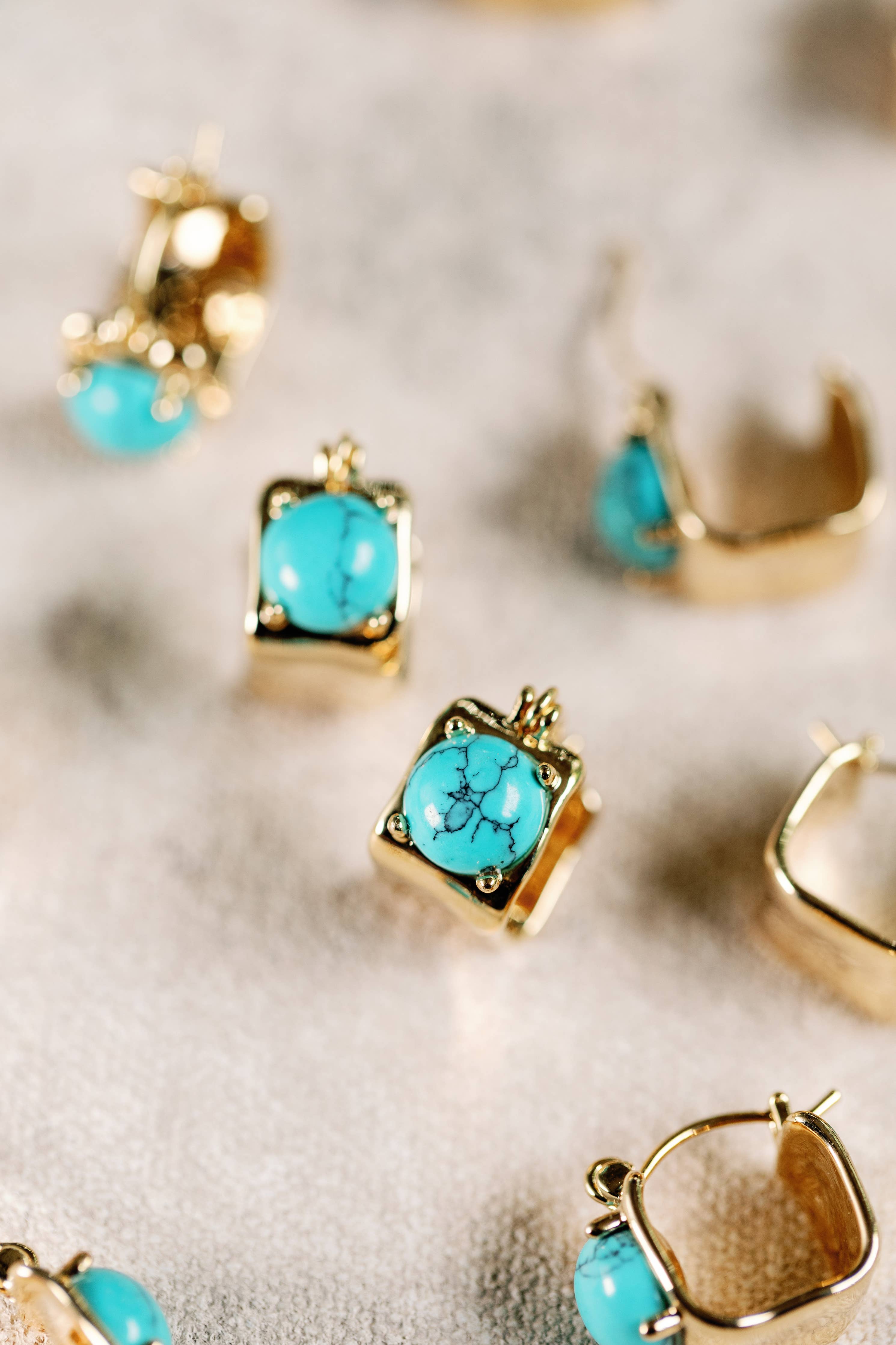 Vintage Mini Square Gold and Turquoise Huggie Hoop Earrings