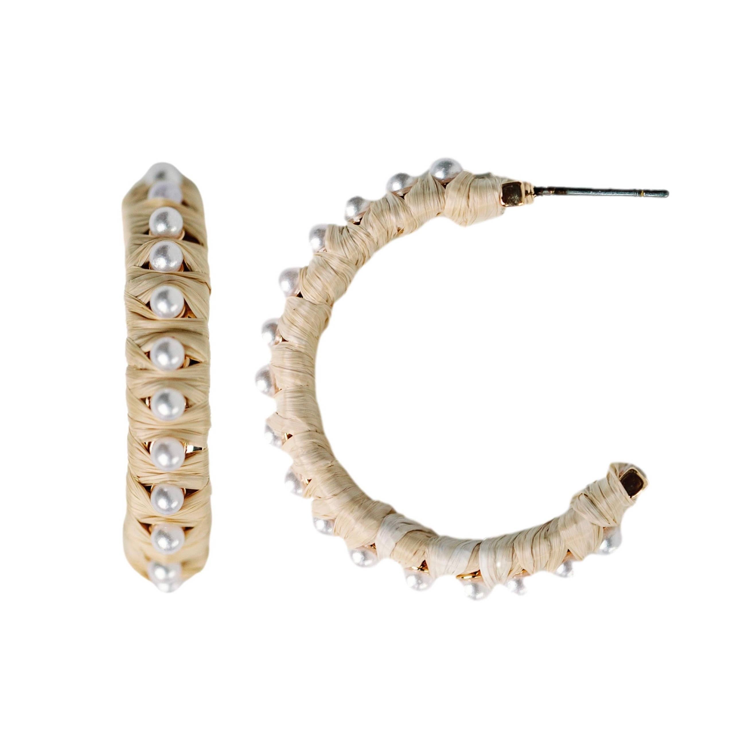 Natural Studded Pearl Raffia Statement Hoop Earrings