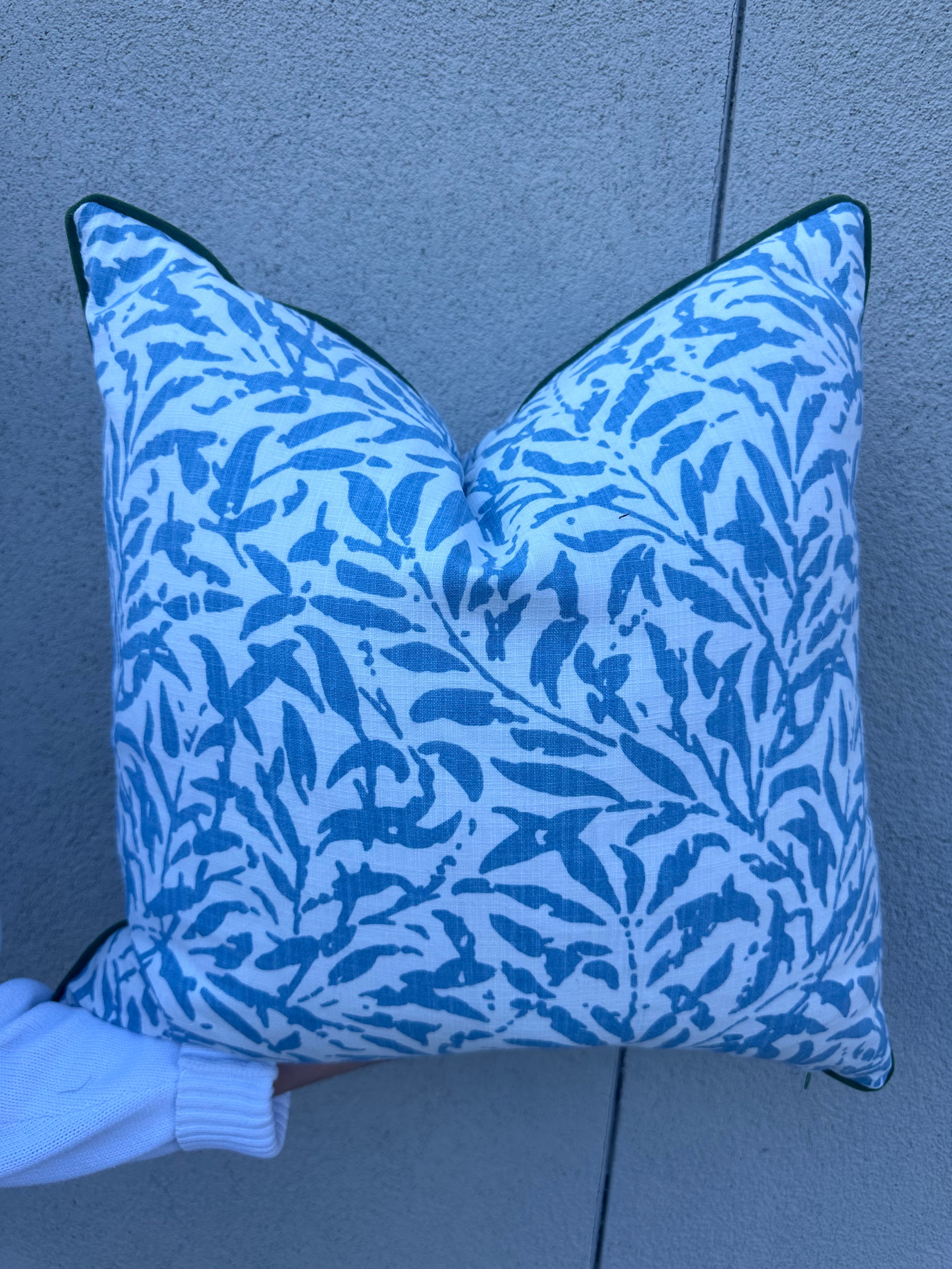 Blue and White Leaf with Green Welt Pillows