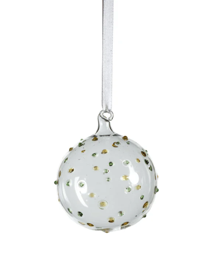 Clear glass ball ornament w/ colored glass dots, 4