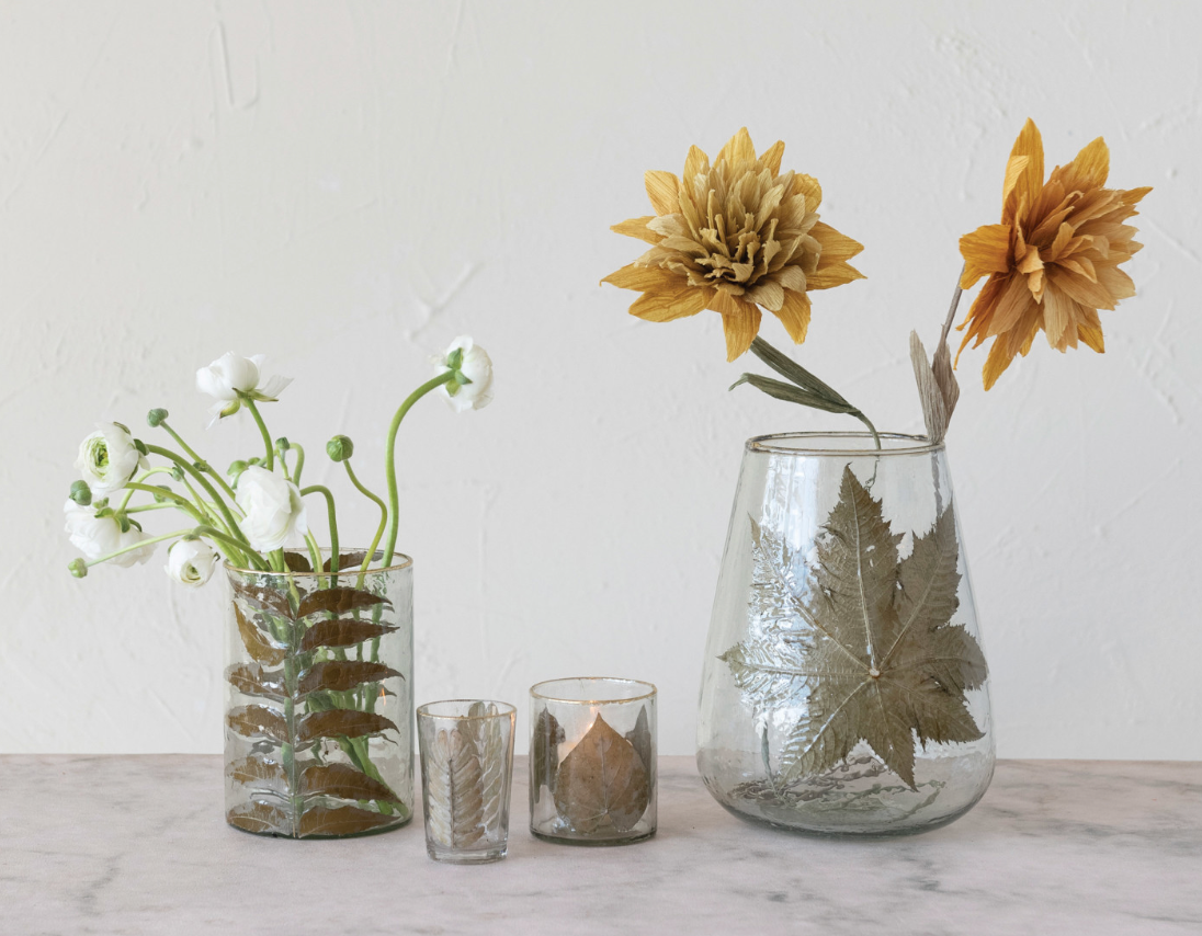 Hand Blown Hurricanes with Embedded Leaves