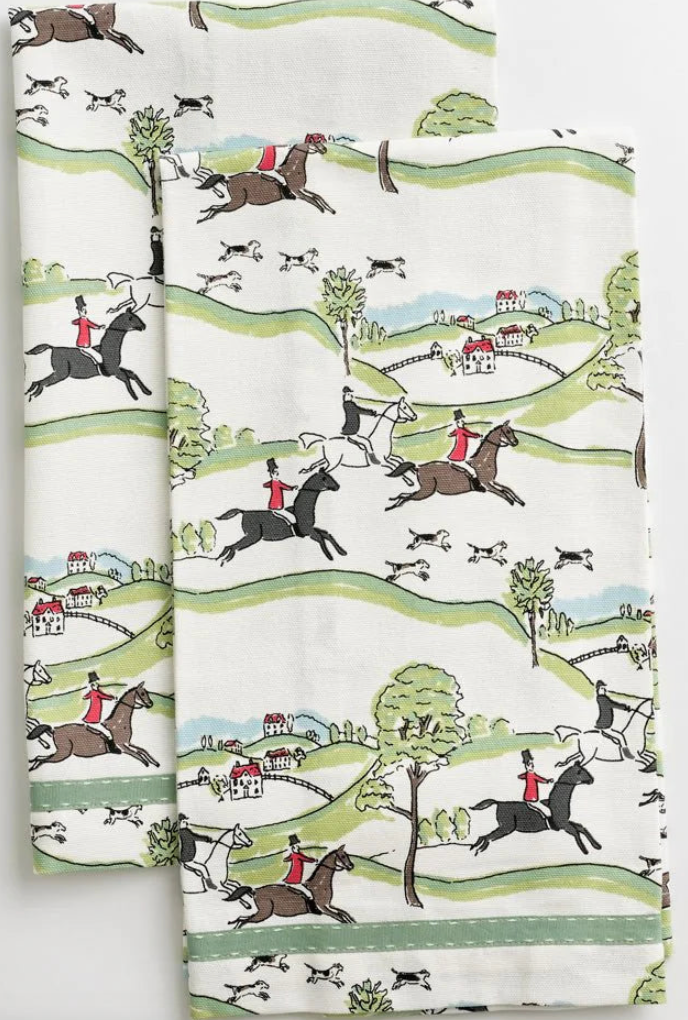 Printed Hunt Scene with Ribbon Tea Towel