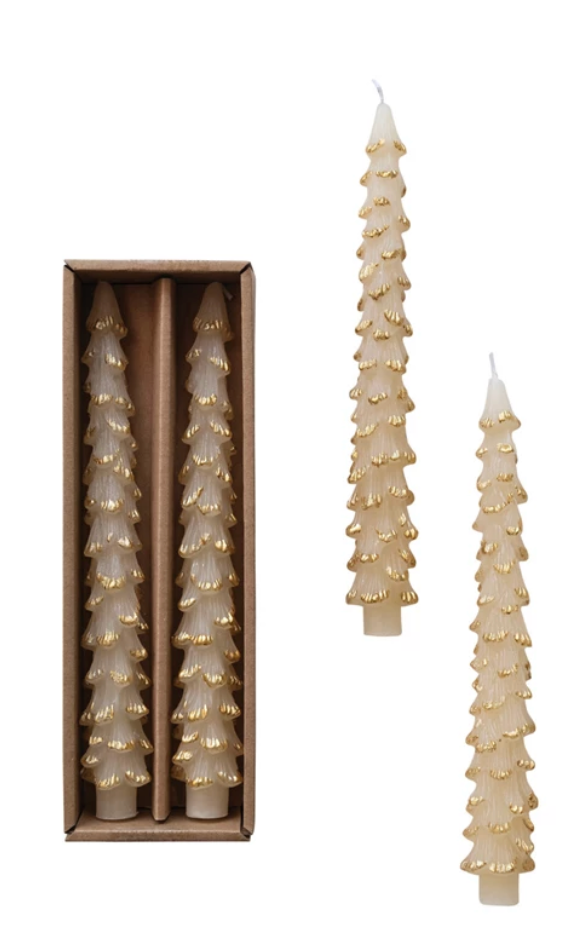 Unscented Tree Shaped Taper Candles w/ Gold Tips in Box 10"