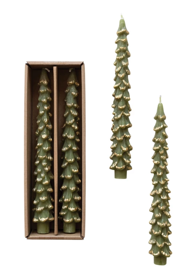 Unscented Tree Shaped Taper Candles w/ Gold Tips in Box 10"