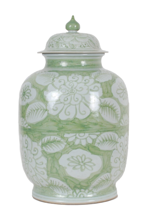 Washed Green and White Floral Jar