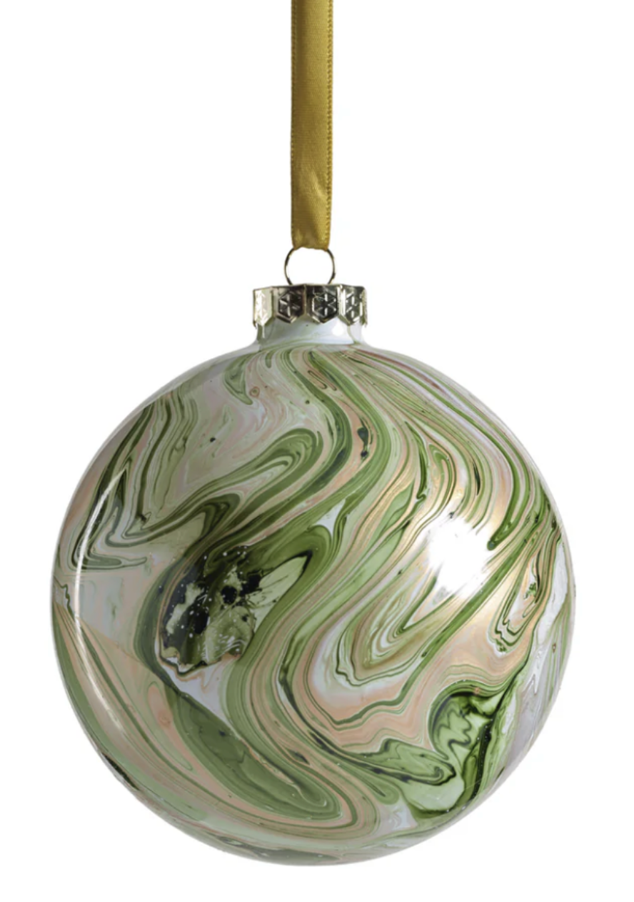 Solid Luster Marbleized Glass Ball Ornament - Green