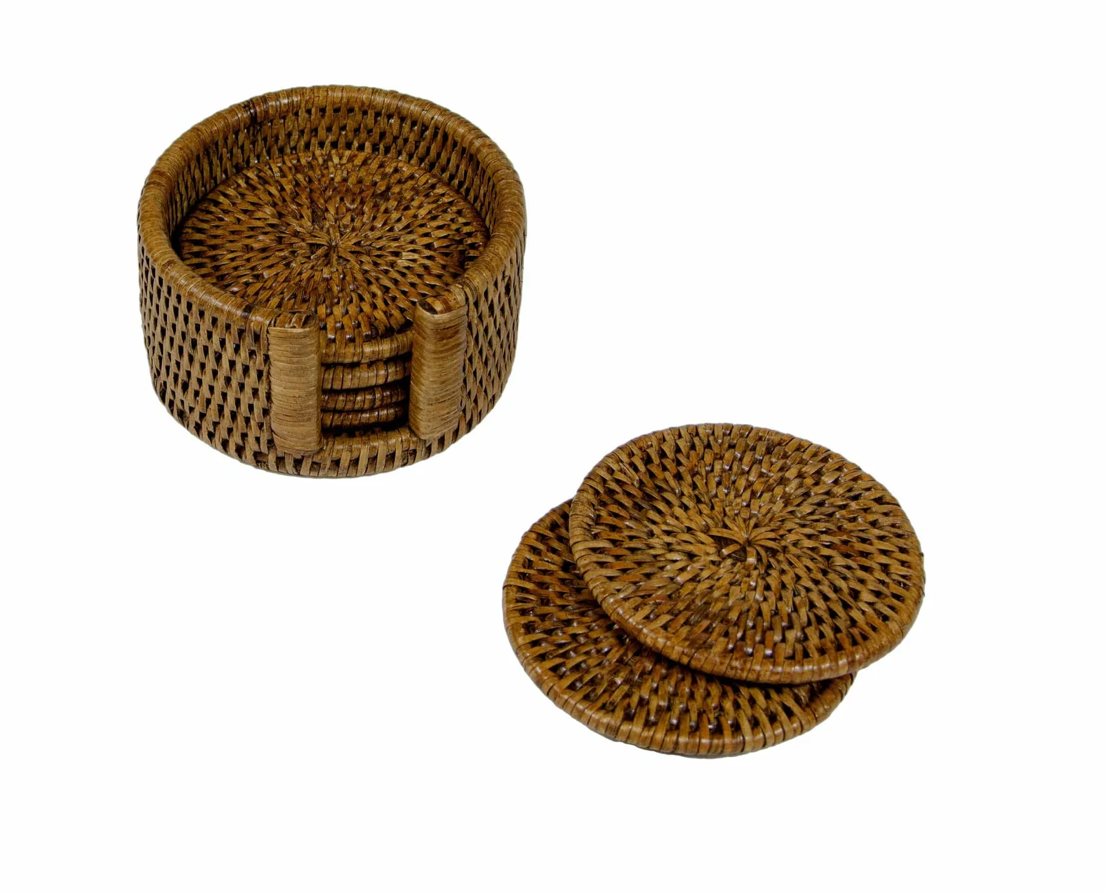 Rattan Round Coaster and Holder Set in Natural - Set of 6