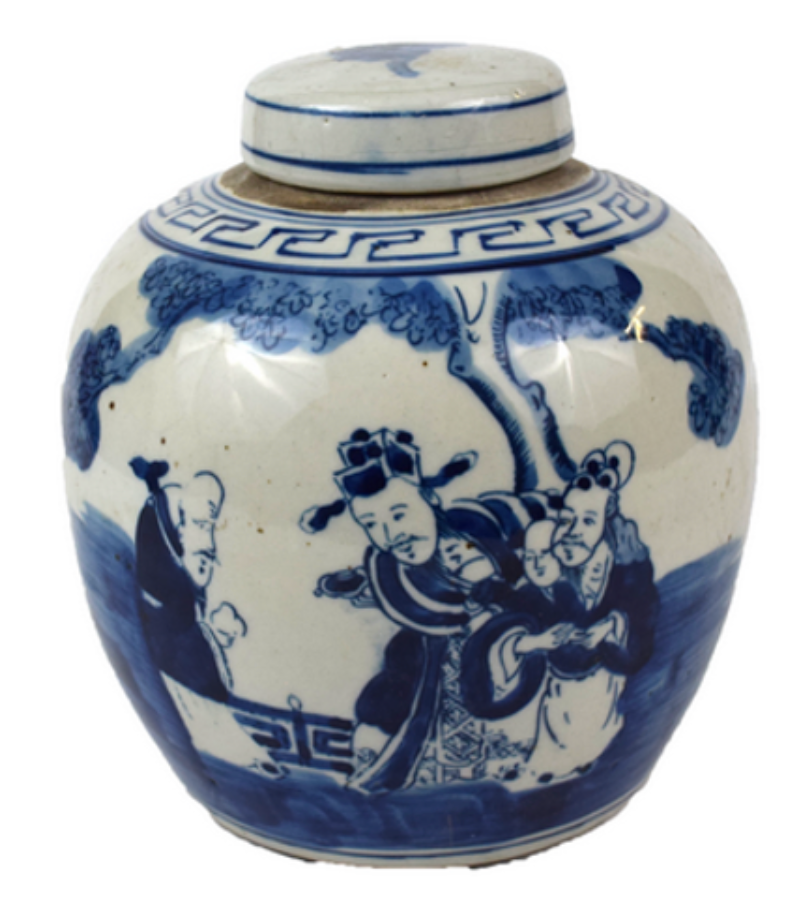 Blue and White mini jar w/Chinese deities