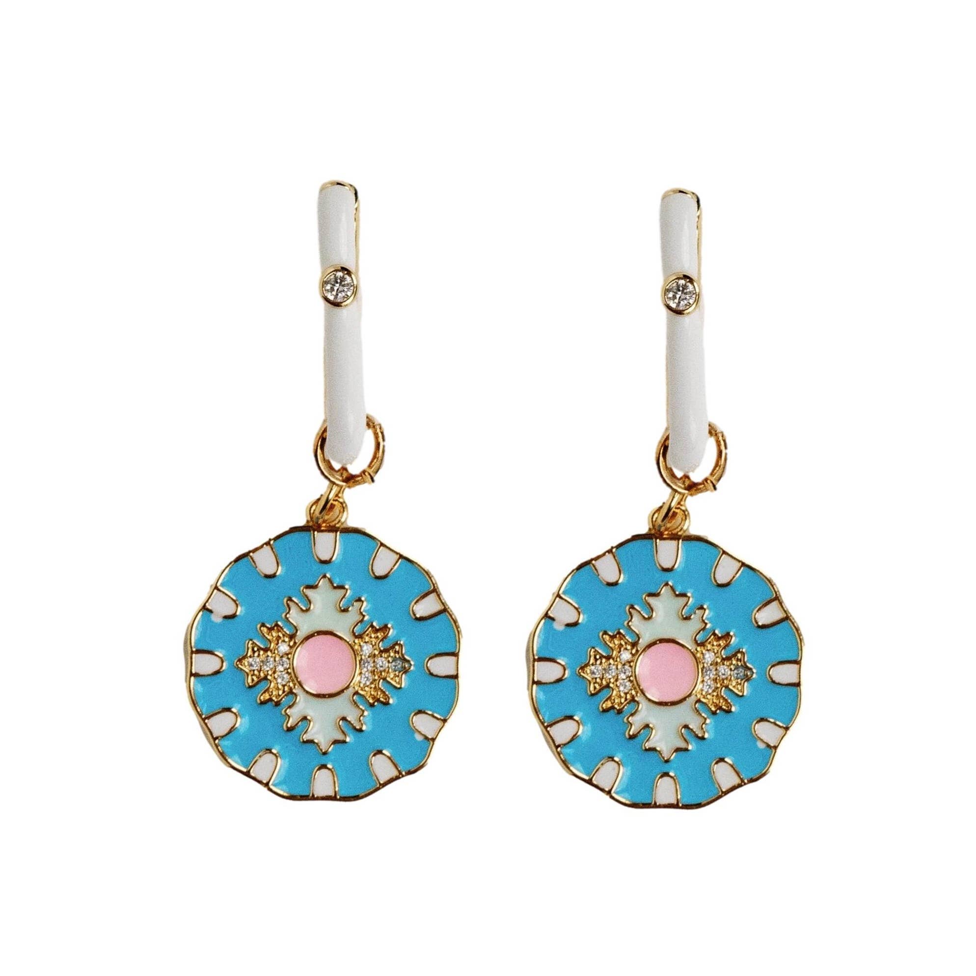 Blue Capri Tile Enamel Charm Statement Earrings