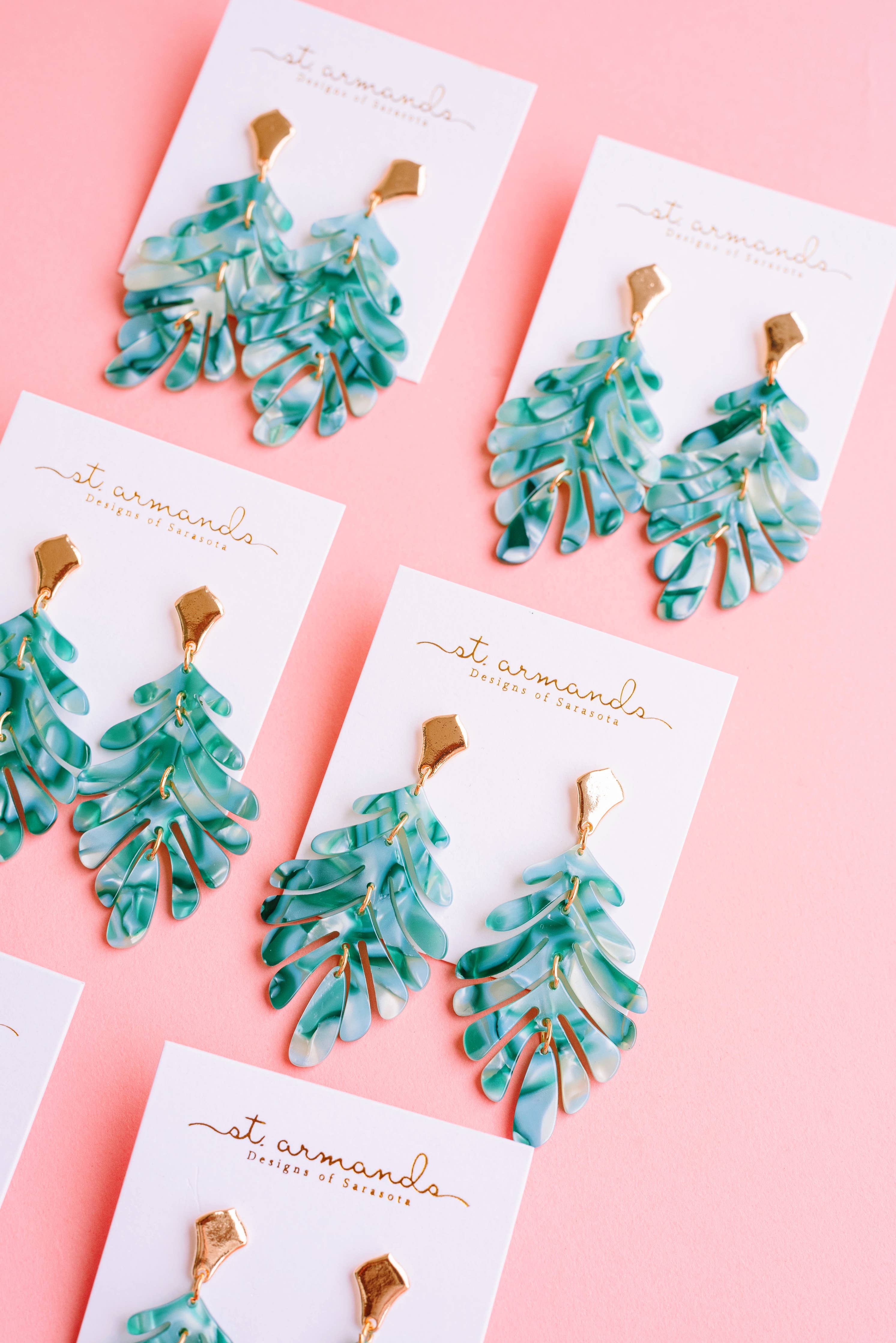 Green Petite Palm Drop Statement Earrings