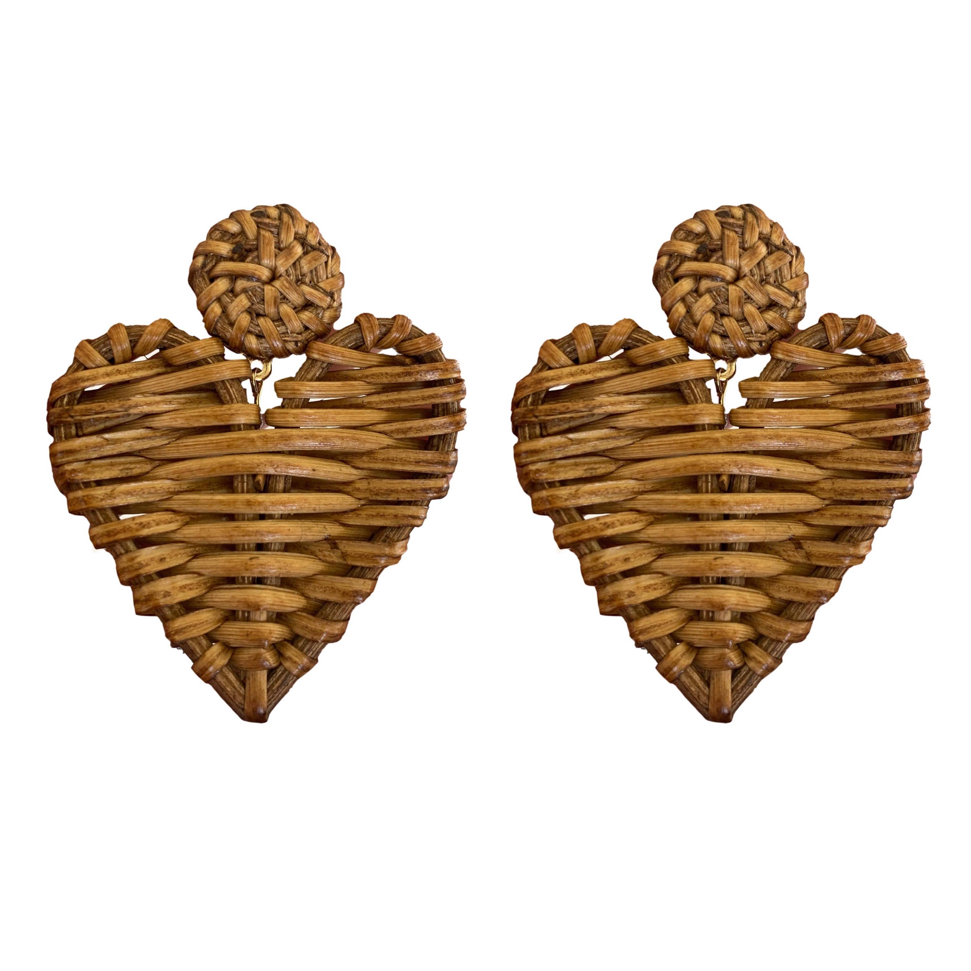 Brown Rattan Statement Heart Earrings